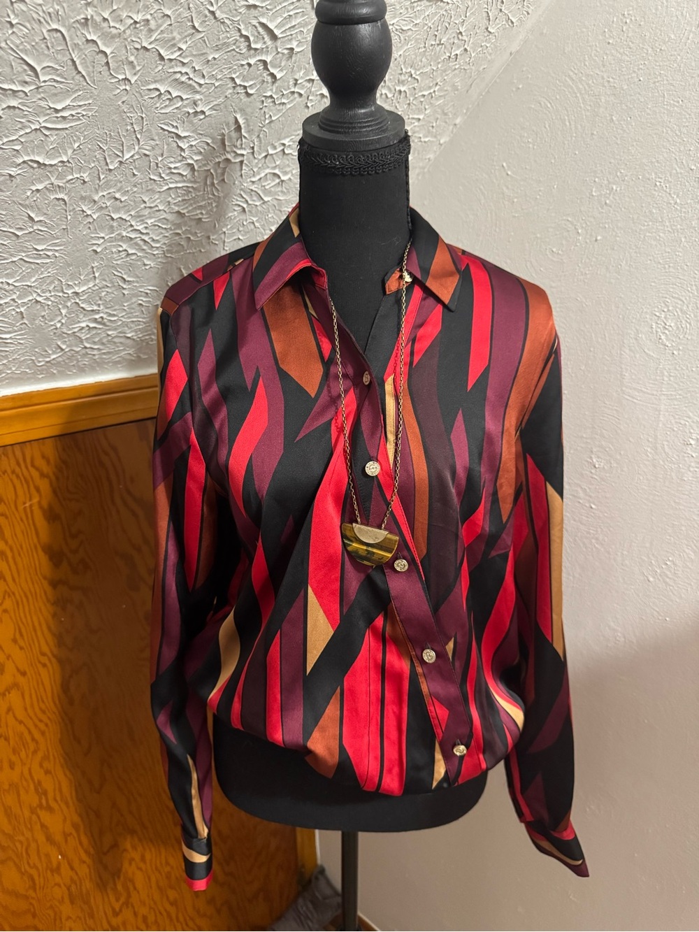 Karl Lagerfeld Red, Black & Brown Satin Geometric Button-Down Shirt